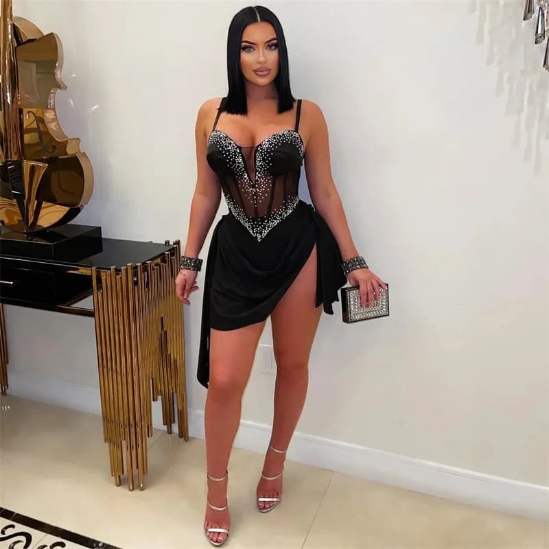 Doyerl Mesh Patchwork See Through Birthday Dress Women Sexy Luxury Diamonds Side Slit Ruched Night Club Party Short Dresses Robe