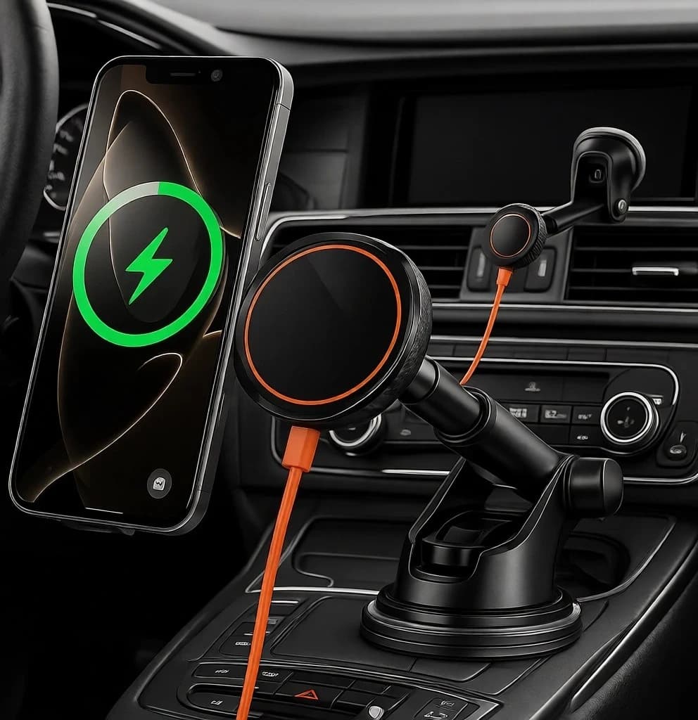 Magnetic car phone support for iPhone MagSafe from 12 to 17 with orange and black cable