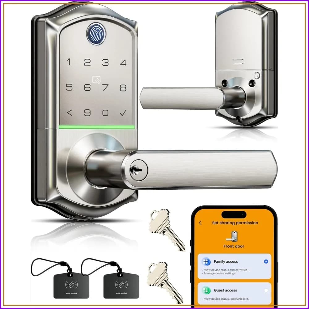 Smart Fingerprint Lever Lock, Keyless Entry Door Knob with App, Touchscreen, IP55, Satin Nickel