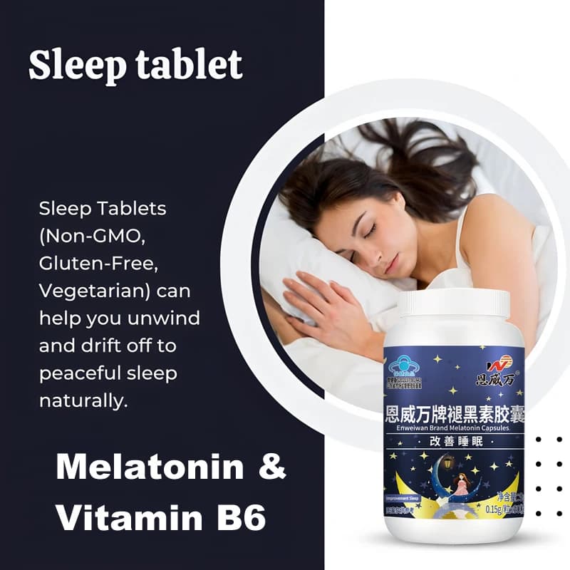 Promote sleep, dietary supplement with natural formula, healthy deep sleep, permanent sleep, natural sleep, melatonin and vitamin B6