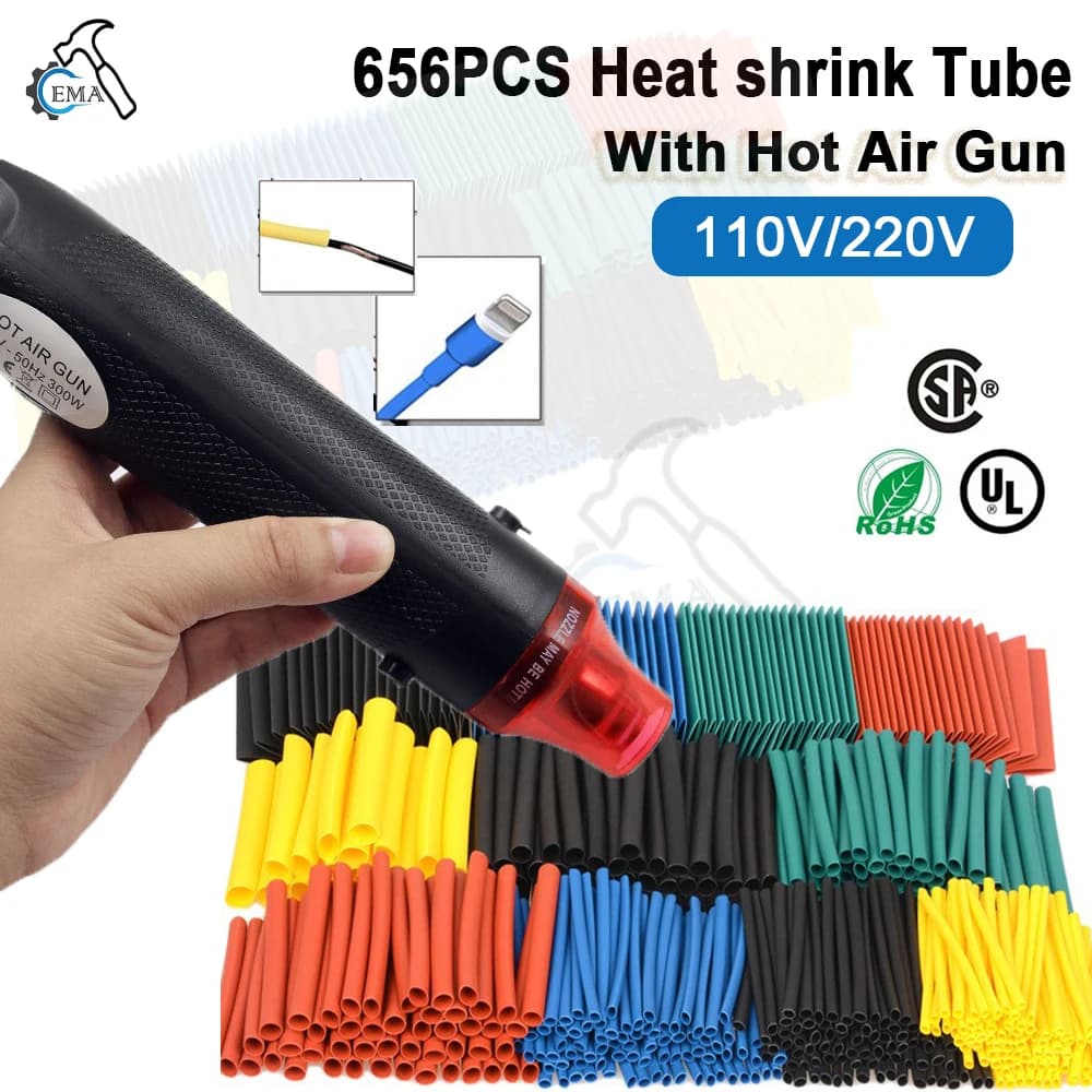 656/1060 pz Tubo Termoretraibile Con 300 W Pistole Ad Aria Calda Kit EU US 110 V 220 V Kit Tubi Termoretraibili 2:1 Copertura Cavo di Protezione di Riparazione