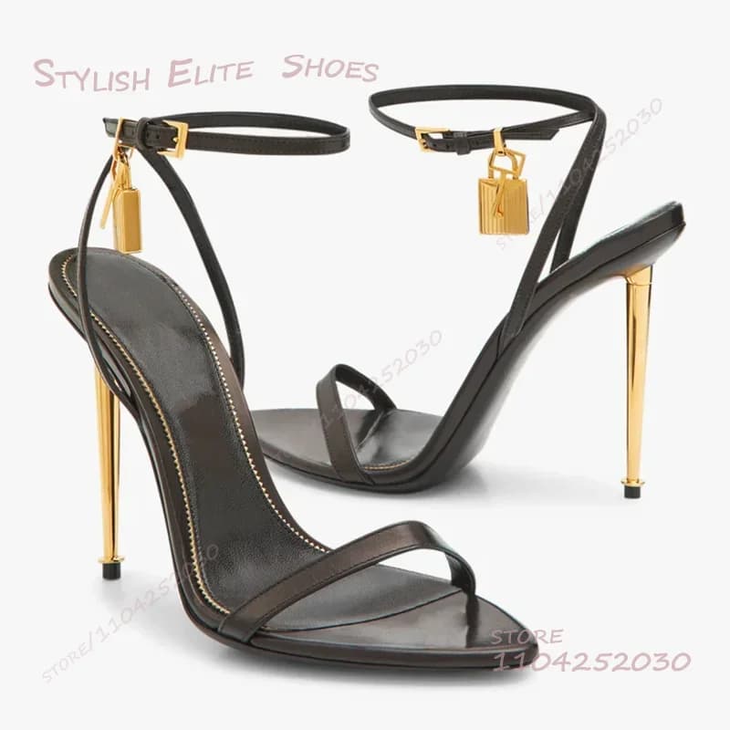 Sandali con tacco a spillo in metallo dorato Catena con lucchetto da donna Tacchi con graffiti leopardati in pelle nera Fibbia Tacco aperto Scarpe da donna semplici e sexy da ufficio