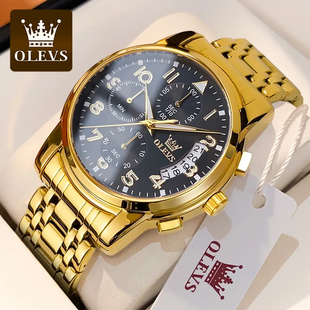 OLEVS 2879 Orologi da Uomo di Lusso, Cronografo Dorato Originale con Calendario, Impermeabile in Acciaio Inossidabile, Orologio da Polso al Quarzo per Uomo