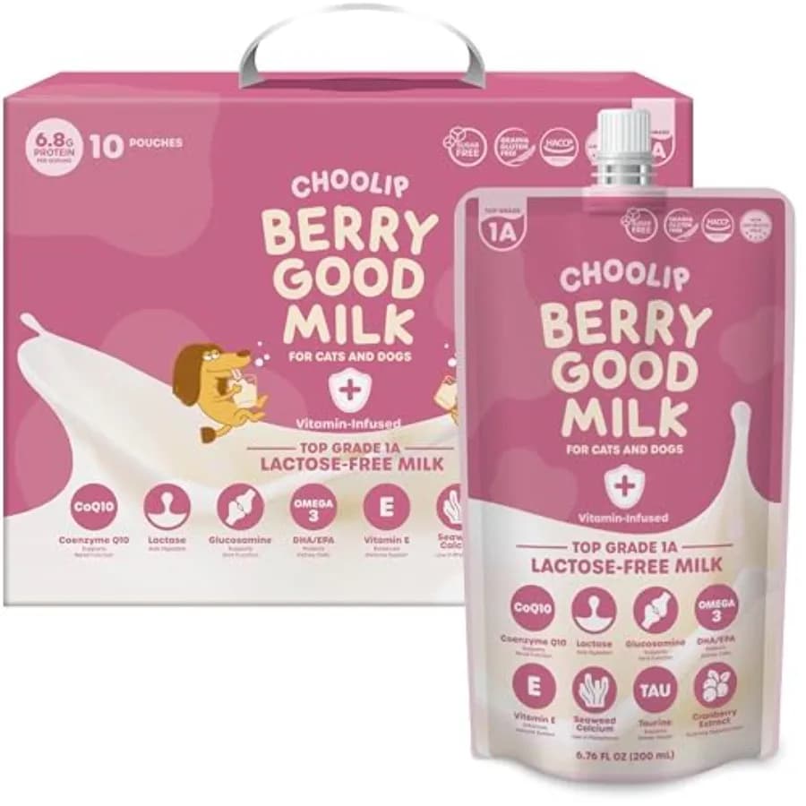 Latte Berry Good per Gatti e Cani, Confezione da 10, Latte Senza Lattosio per Animali Domestici, Bustine da 200ml, Bevanda Idratante Formulata da Veterinari con Mirtillo Rosso e CoQ