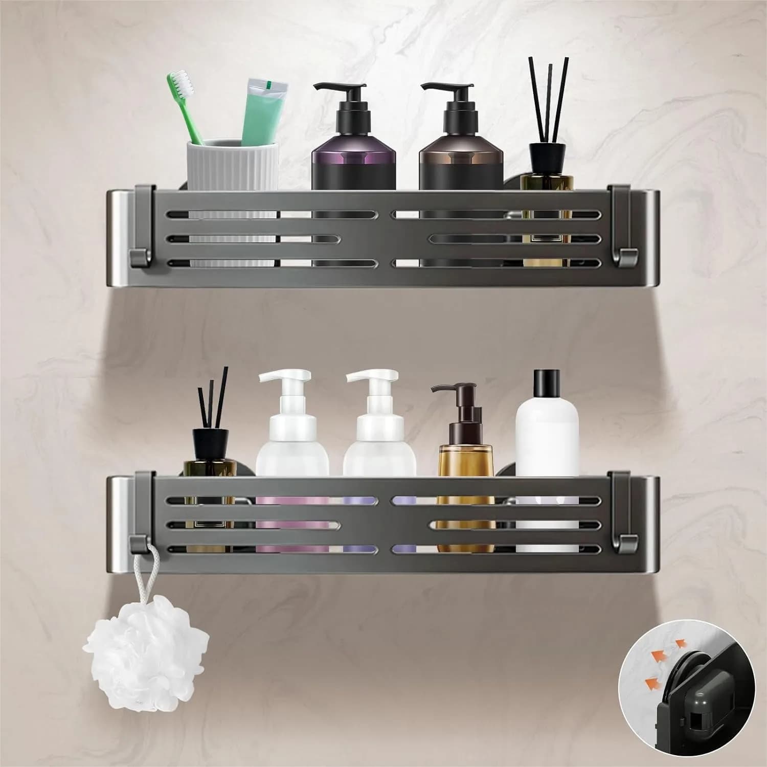 Portaoggetti da doccia con ventosa, confezione da 2, organizer da bagno in alluminio antiruggine senza foratura con 12 ganci per shampoo e asciugamani