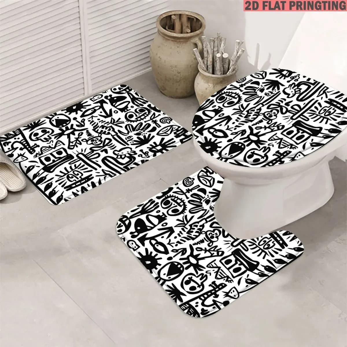 4pcs Shower Curtain and Bath Mat Set with print pattern Abstract Black And White Doodle Art Pattern Non-Slip Bathroom Decor