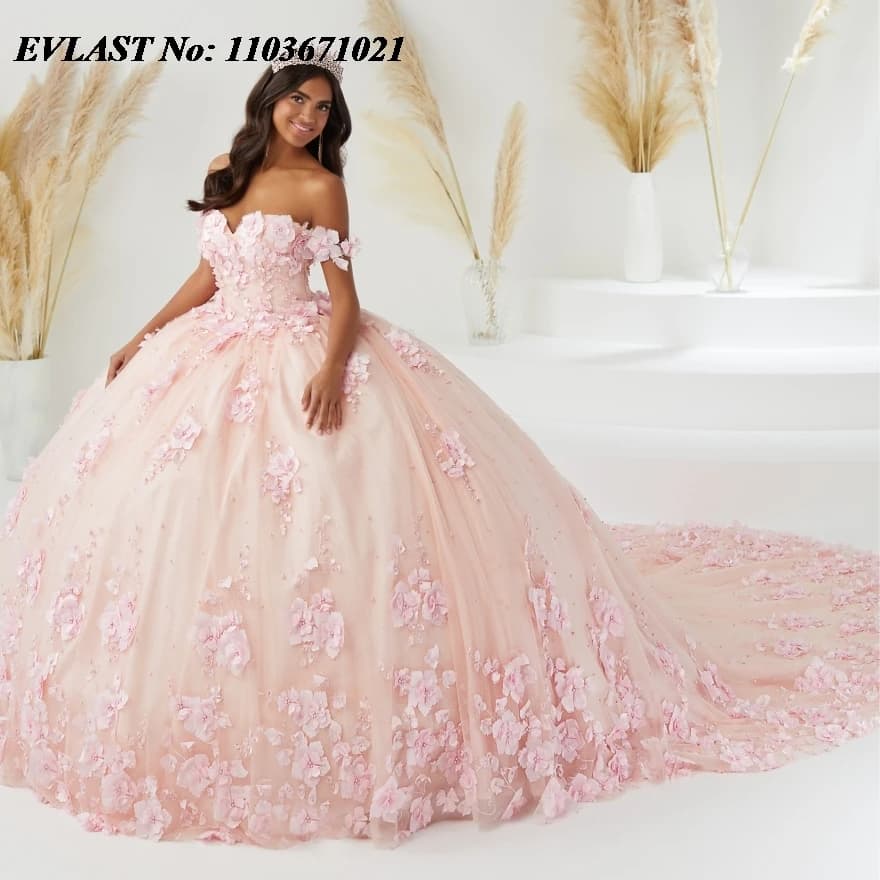 EVLAST Messicano Rosa Abito Quinceanera Abito di Sfera con Spalle Scoperte 3D Applique Floreale Perline Corsetto Dolce 16 Abiti De XV Anos SQ324