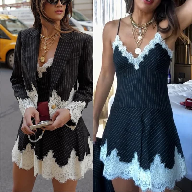 Mini abito sexy da donna con scollo a V e giacca da abito con risvolto Office Lady Patchwork in pizzo a righe Set di abiti a due pezzi Abiti femminili eleganti