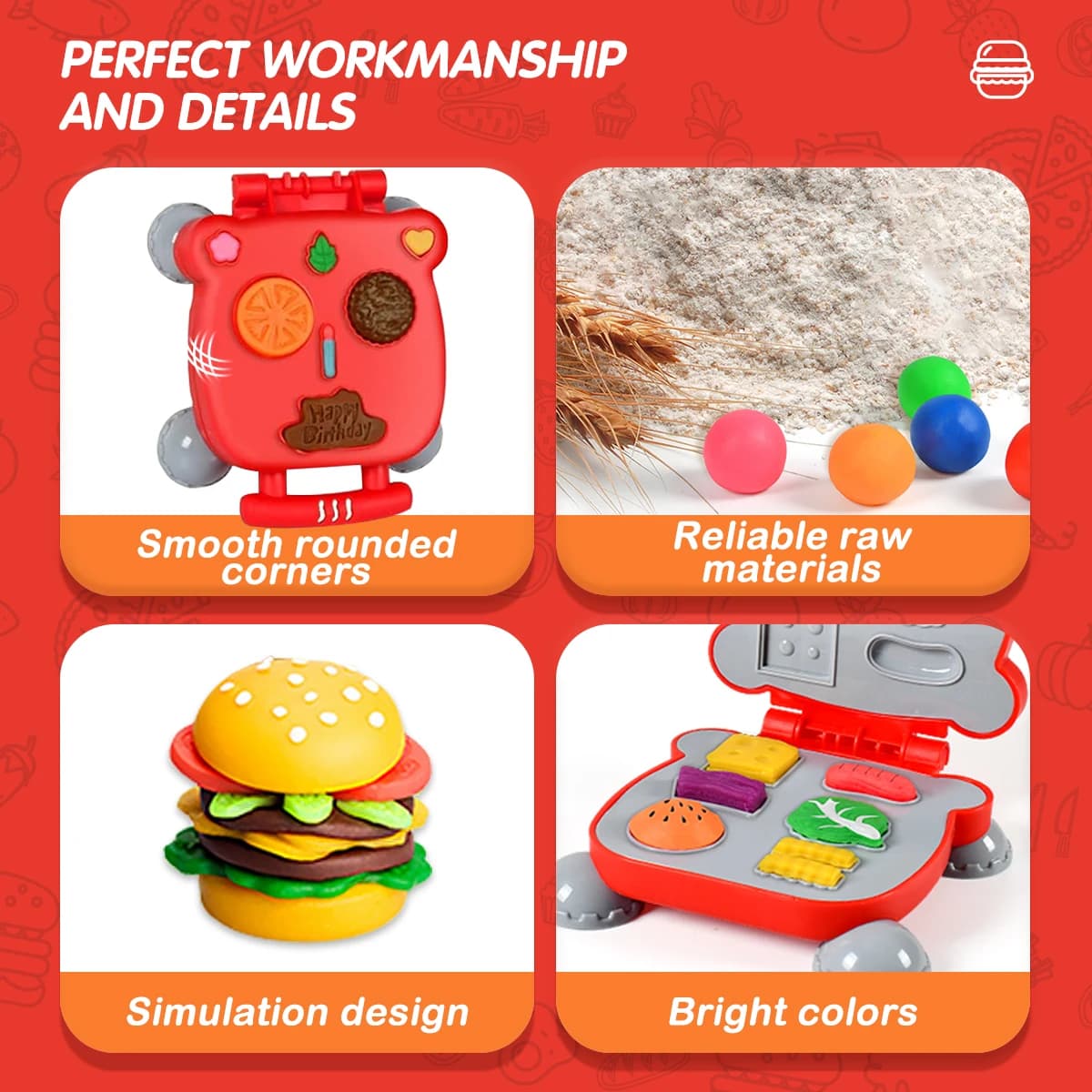 Set di hamburger e dessert in pasta modellabile – Argilla sicura a base di farina di grano con 12 colori e stampi per il gioco di cucina fittizia dei bambini