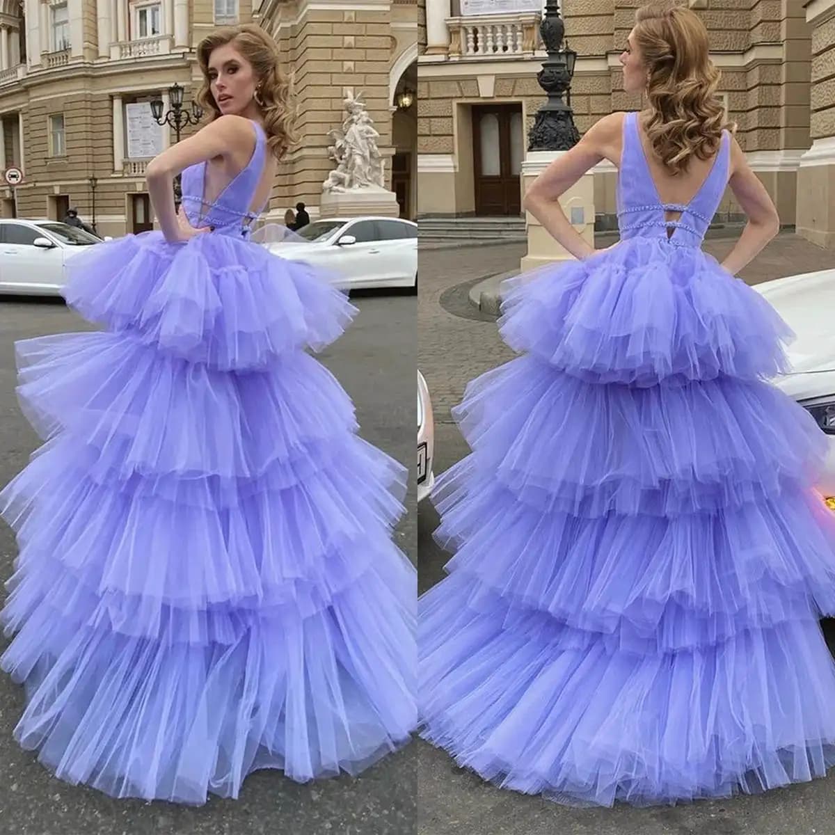 Elegant Maternity Dresses with Star Sexy Dresses with Deep V-neck for Photo shoot Baby Shower Stackers in Lace Tulles with Volant L24851