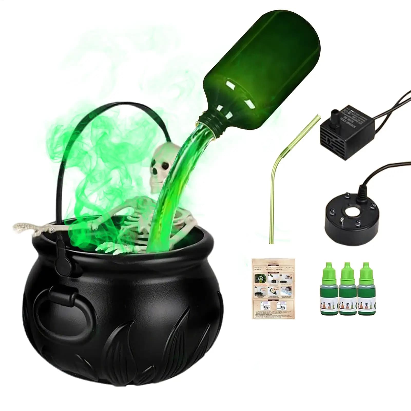 LED Light Up Witch Cauldron with Floating Potion Bottle Halloween Decor Bubbling Fog Maker Haunted House Prop Party Decoration
