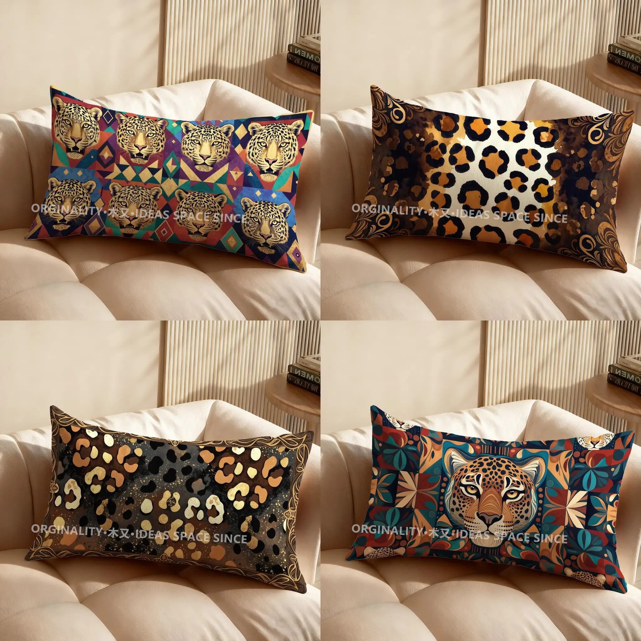 2D leopard head geometric pattern cushion, suitable for sofa, bedroom, car, rectangular cushion for back
