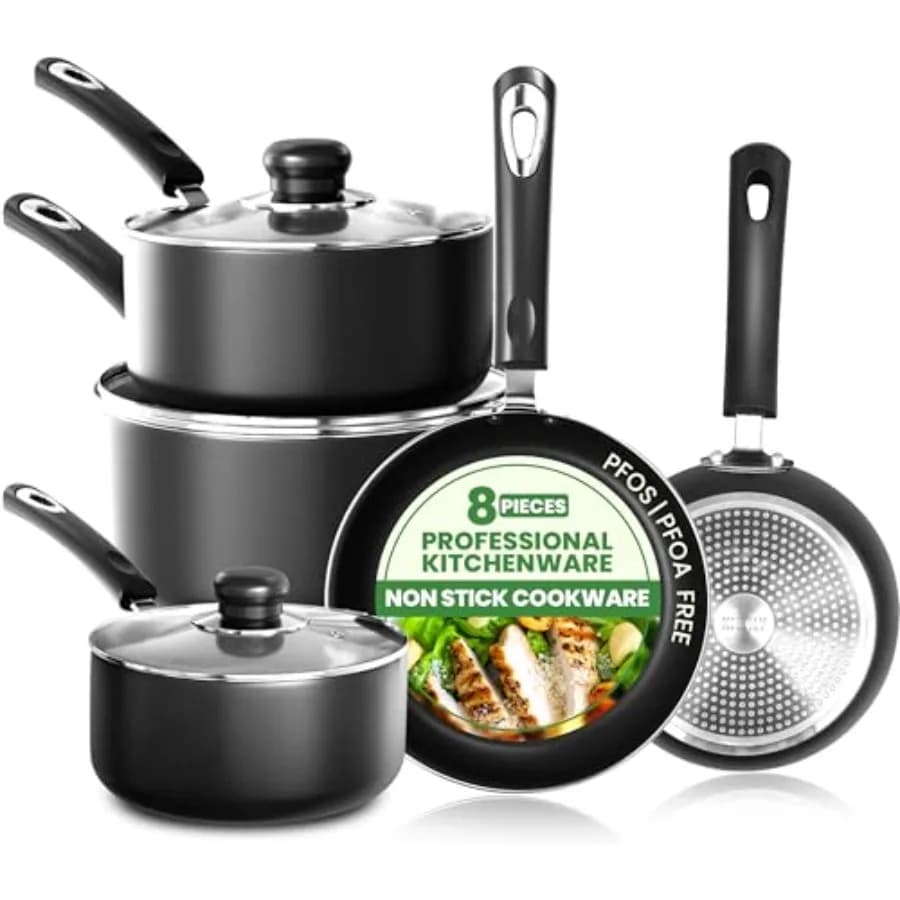 Set di 8 Pentole e Padelle Antiaderenti, Set di Utensili da Cucina con Padelle da 20cm e 28cm e Pentole da 16cm, 18cm, 20cm con Li