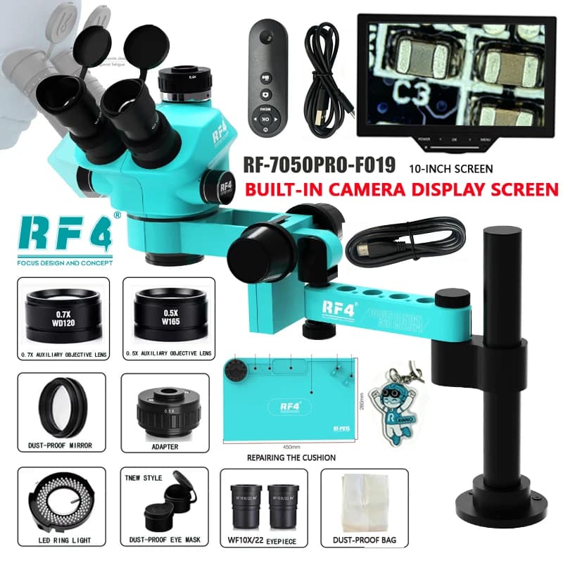 Microscopio Trinoculare Stereo RF4 con Schermo da 10 Pollici e Fotocamera a 360° ° Supporto per Telefono con Braccio Articolato Rotante per Riparazione PCB e Saldatura