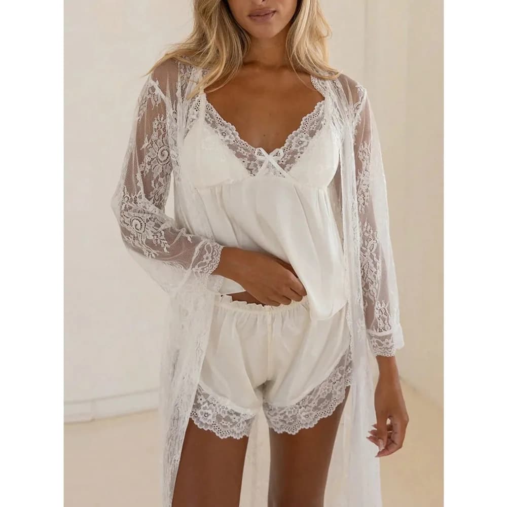 Women's Sweet Cute Satin Pajama Set Lace Trim Spaghetti Strap Deep V Two Piece Loungewear Nightwear