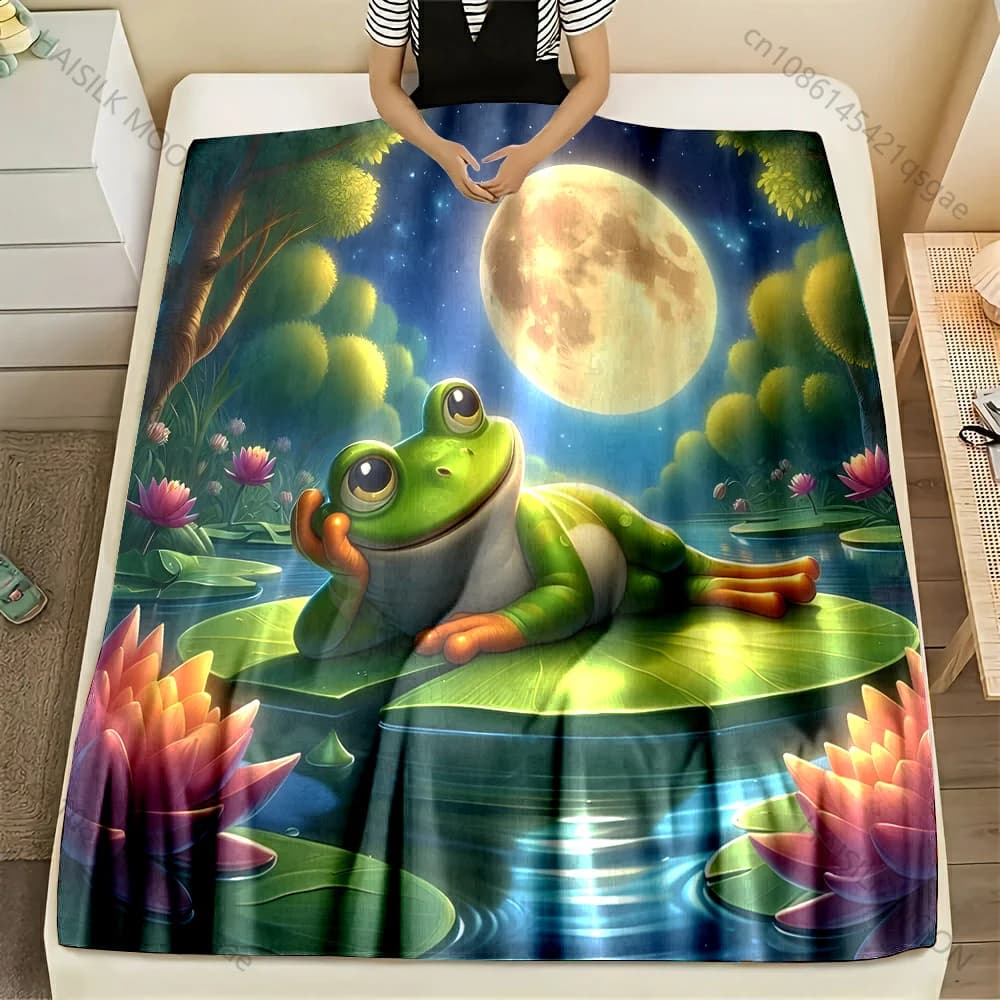 Coperta multi-dimensione con motivo rana su giglio, materiale in flanella, morbido e caldo per tutte le stagioni, campeggio all'aperto, picnic, camper