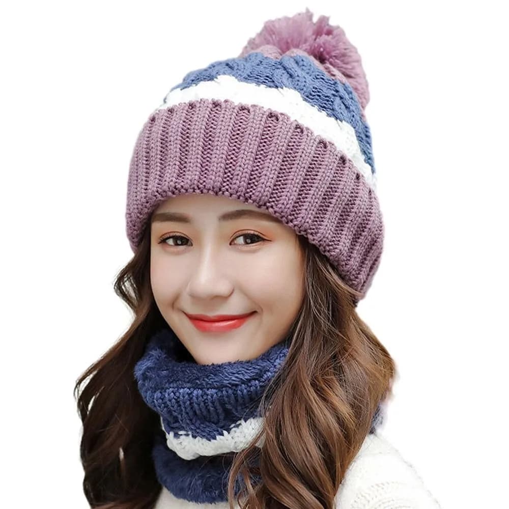 Versatile Coral Fleece Scarf and Hat Set Elastic Thickened Hooded Thermal Cap Soft Plush Knitted Scarf School