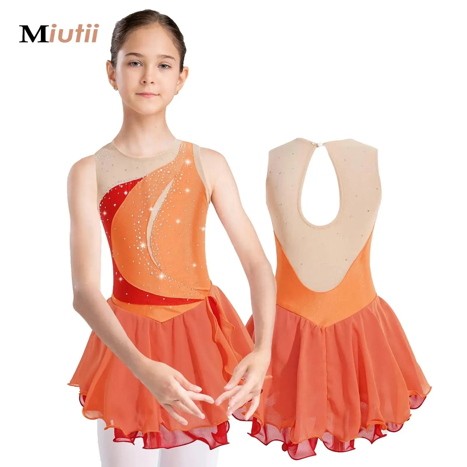 Vestito da pattinaggio di figura in chiffon per ragazze, senza maniche, con strass lucidi, per balletto, ginnastica, danza, body, performance, competizione