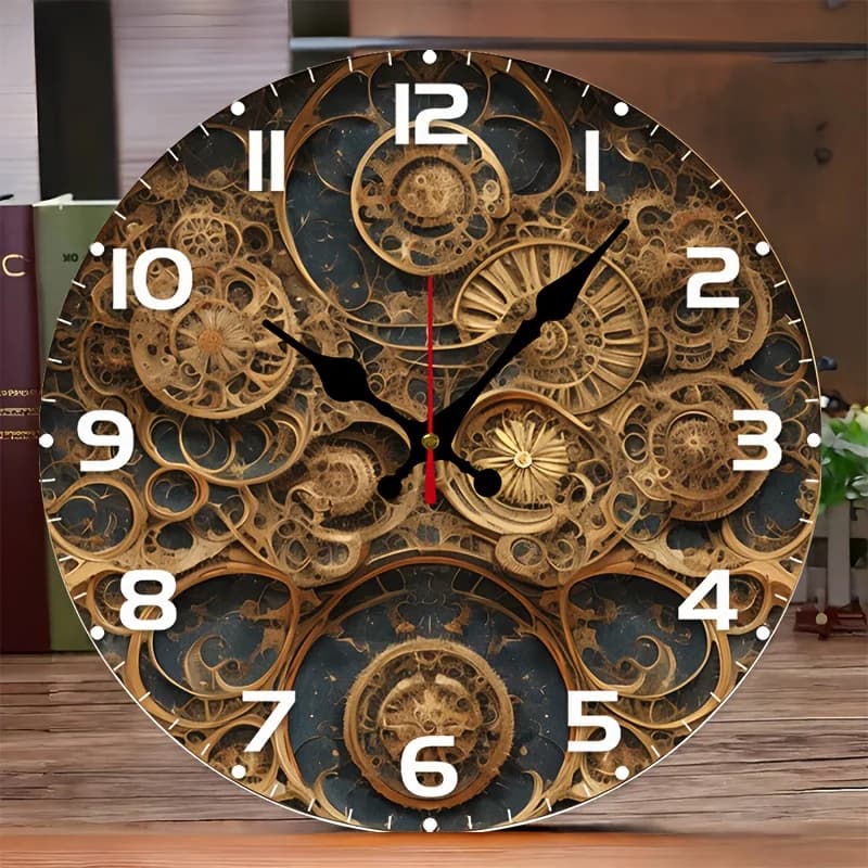 Orologio da parete vintage Steampunk Mandala da 10" - Orologio rotondo silenzioso impiallacciato di legno con design a ingranaggi intricati - Funziona a batteria (AA,
