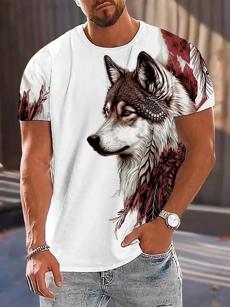 Men Plus Size T-shirt Fierce Street Trend Fitness Exercise Running Short Sleeve Animal Wolf 3D Print Sports Fast Dry Breathable