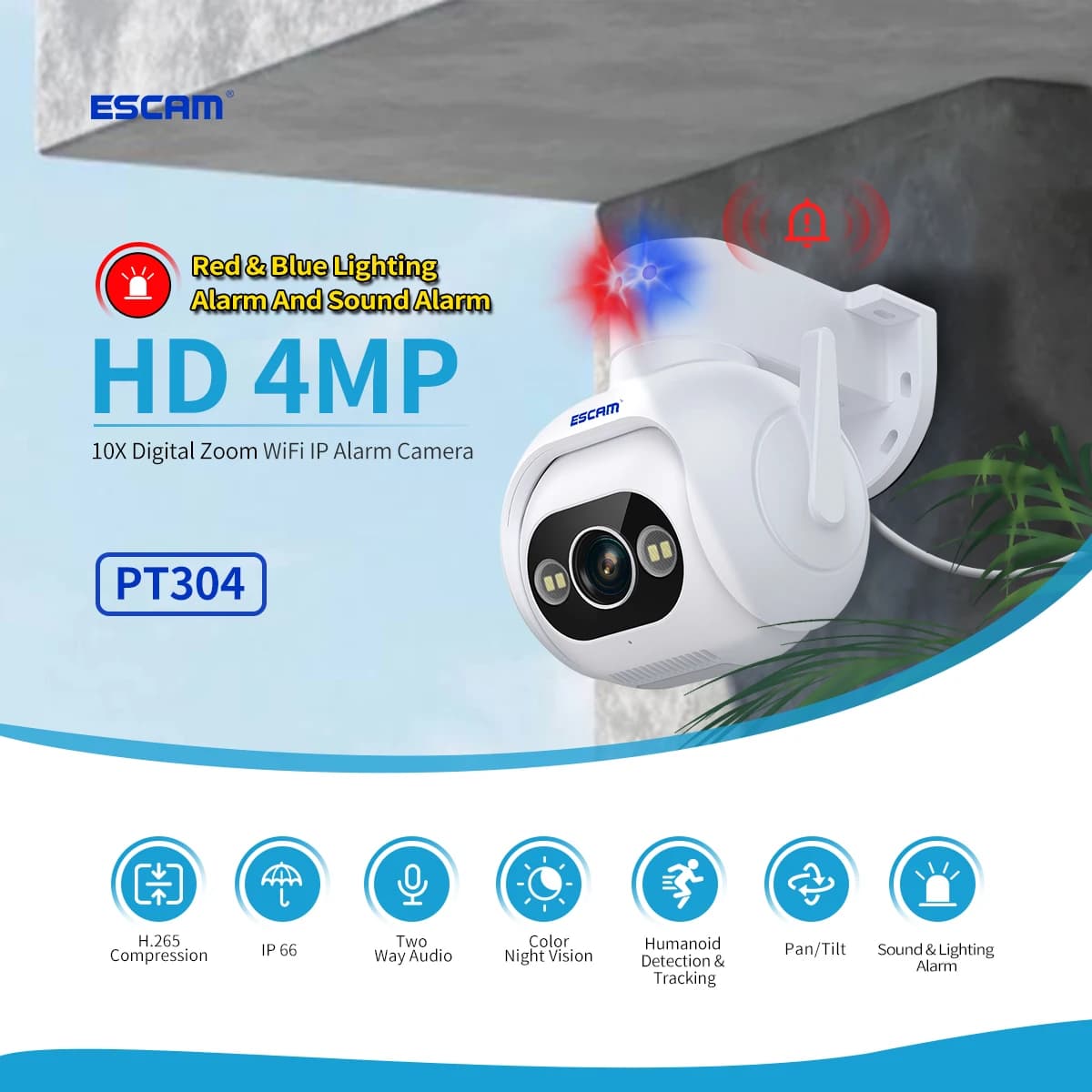 ESCAM PT304 4MP 1440P iCam365 APP allarme sonoro e luminoso Zoom 10x telecamera IP AI rilevamento umanoide Full Color CCTV Baby Monitor