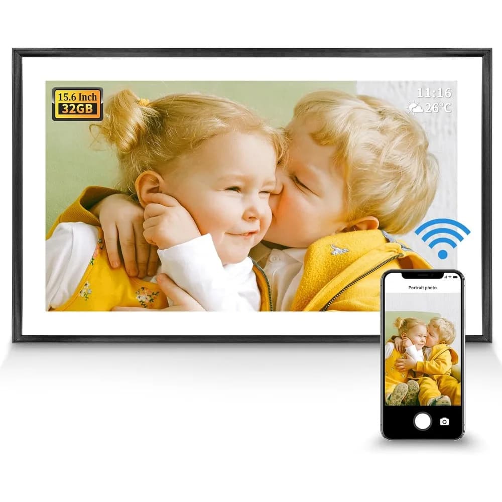 Cornice digitale WiFi da 15,6 pollici con 32GB, schermo IPS touch 1080P, rotazione automatica, condivisione di foto e video