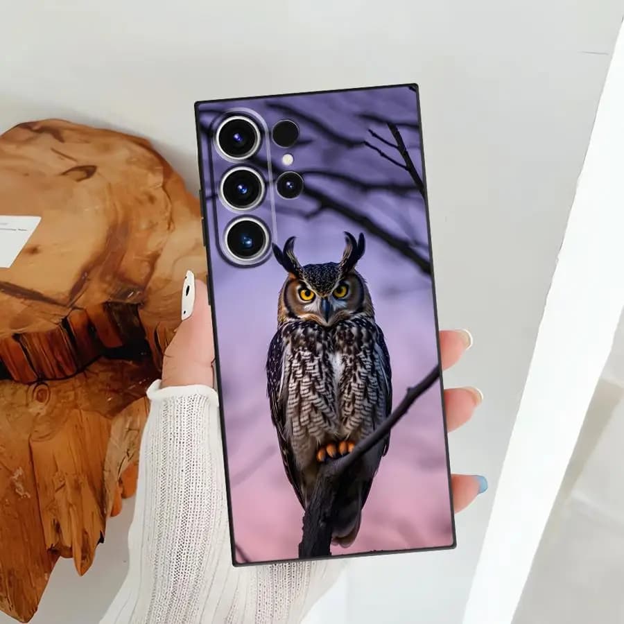 Cover per Telefono Samsung Galaxy S26 Ultra S20 Ultra Note 20 8 9 10 S23 S24 S21 FE S10 S9 S25 Plus, Design Semplice con Gufo