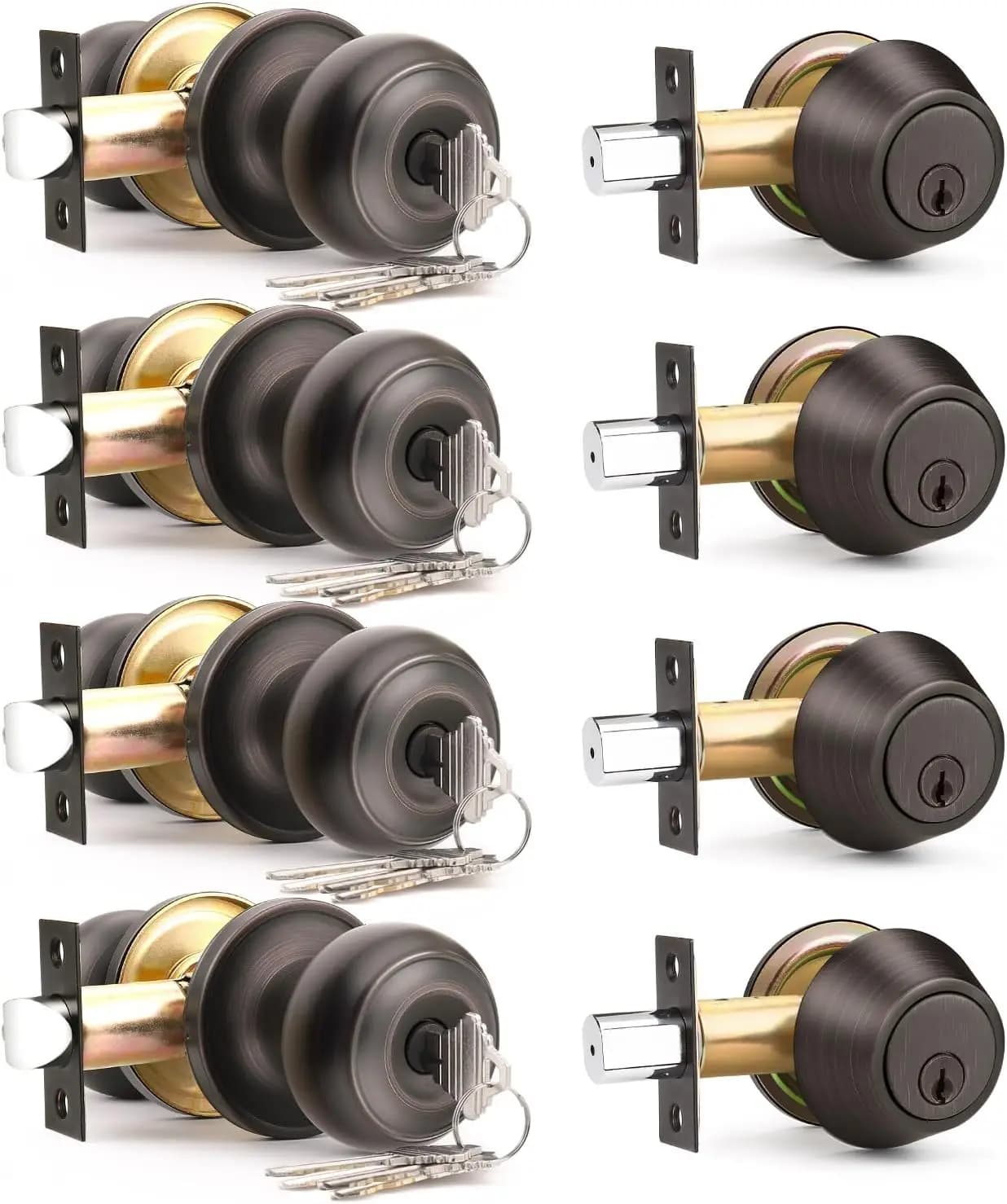 Set di 4 Maniglie e Serrature Coordinate, Finitura Bronzo Oliato per Porte di Camere da Letto, Uffici ed Esterni