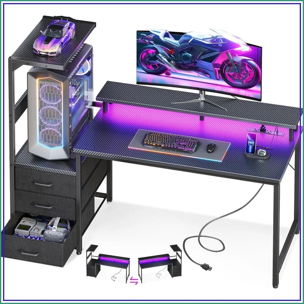 52 Inch Gaming Desk with USB Charging Ports & LED Lights, Reversible Computer Desk with Storage Shelves & Monitor Stand, Fabric Drawers Included