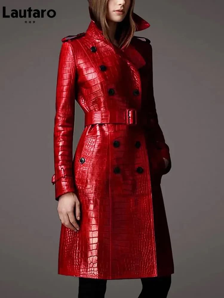 Lautaro Autunno Lungo Rosso Coccodrillo Stampa Trench In Pelle per Le Donne Cintura Doppio Petto Elegante Stile Britannico Moda 2021