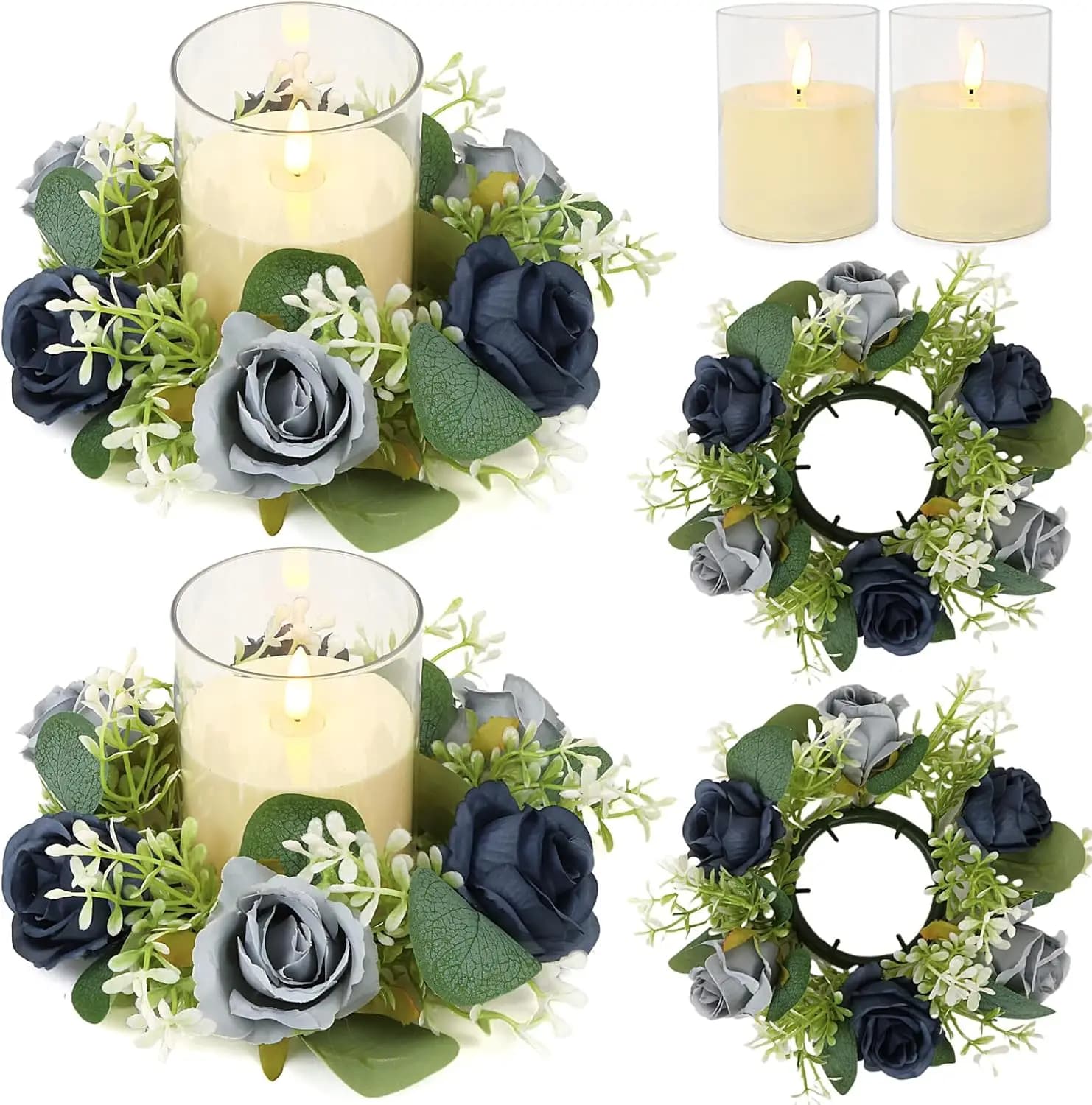 Anelli per Candele a Forma di Rosa Blu con Set di Candele Senza Fiamma - 4 Pezzi di Fiori Artificiali di Eucalipto per Centrotavola Matrimoniale, Candele a Pilastro da 3 Pollici