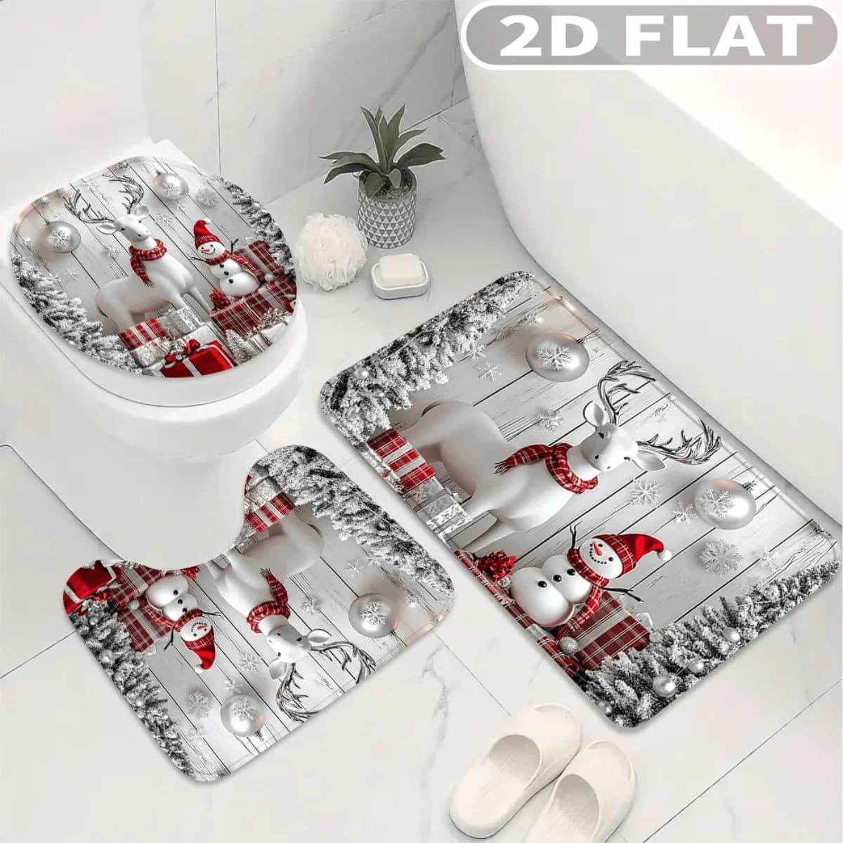 4pcs 2D FLAT Christmas Deer Snowman Gift Pattern Shower Curtain Set, with 3pc Bath Mat and 1pc Curtains Perfect for Home Decor