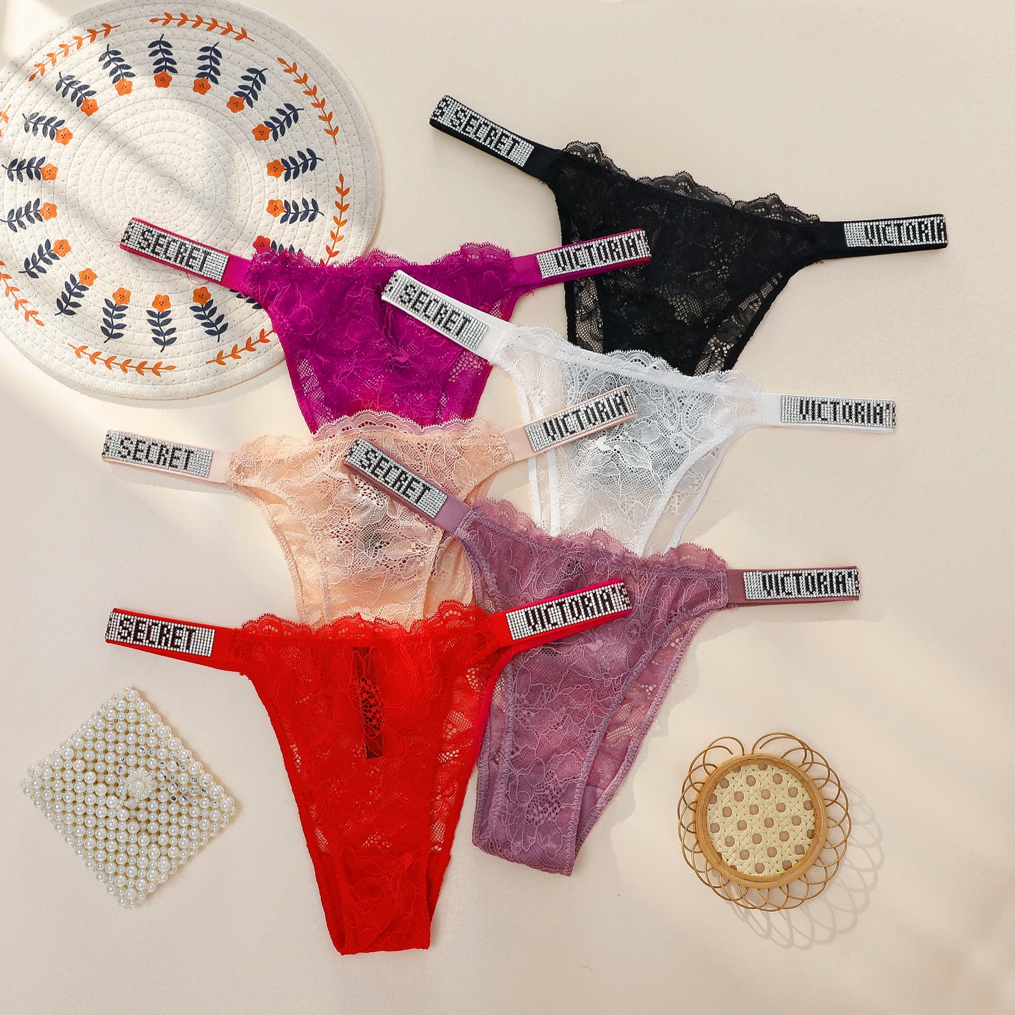 Victoria's Secret Fashionable Soft with Rhinestones Breathable Panties Classic Sexy Women's Underwear Antibacterial