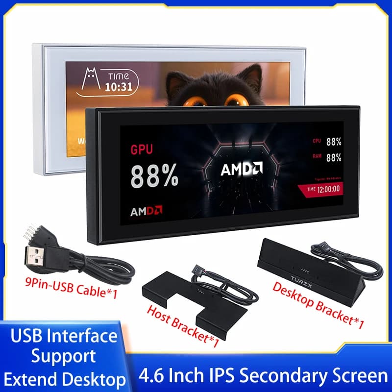 TURZX Schermo Secondario IPS USB da 4,6 Pollici, Schermo Intelligente per CPU GPU RAM 960x320, Supporta l'Estensione del Desktop per Windows 10 11