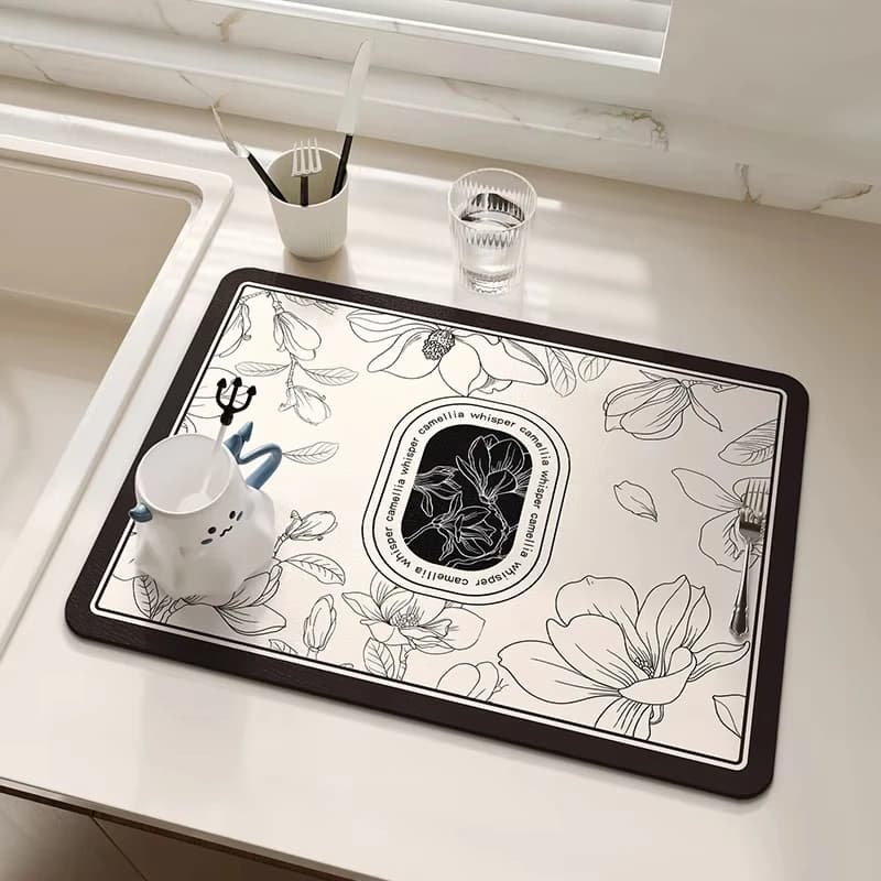 VIKAMA French-Style Drain Mat, Kitchen Sink Protector, Non-Slip Absorbent Countertop Mat, Coffee Maker Mat, Home Decor