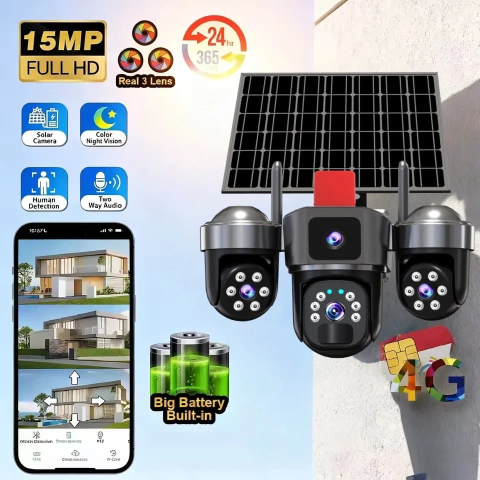Telecamera di Sicurezza Esterna 15MP con Tripla Lente, Zoom 10X, SIM 4G, 3 Obiettivi, 8K, Tracciamento Automatico, Rilevamento Umano, Alimentazione Solare, CCTV V380