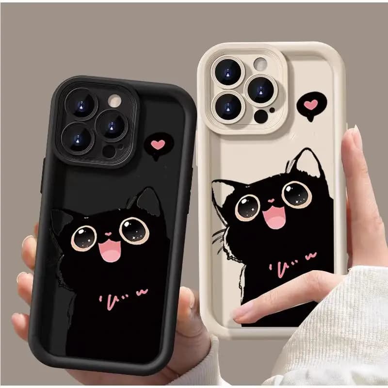 Cute Black Cat Case for iPhone 16 15 14 Plus 13 12 Mini 11 Pro Max XS XR 7 8 Plus Shockproof Casing Dustproof Cover