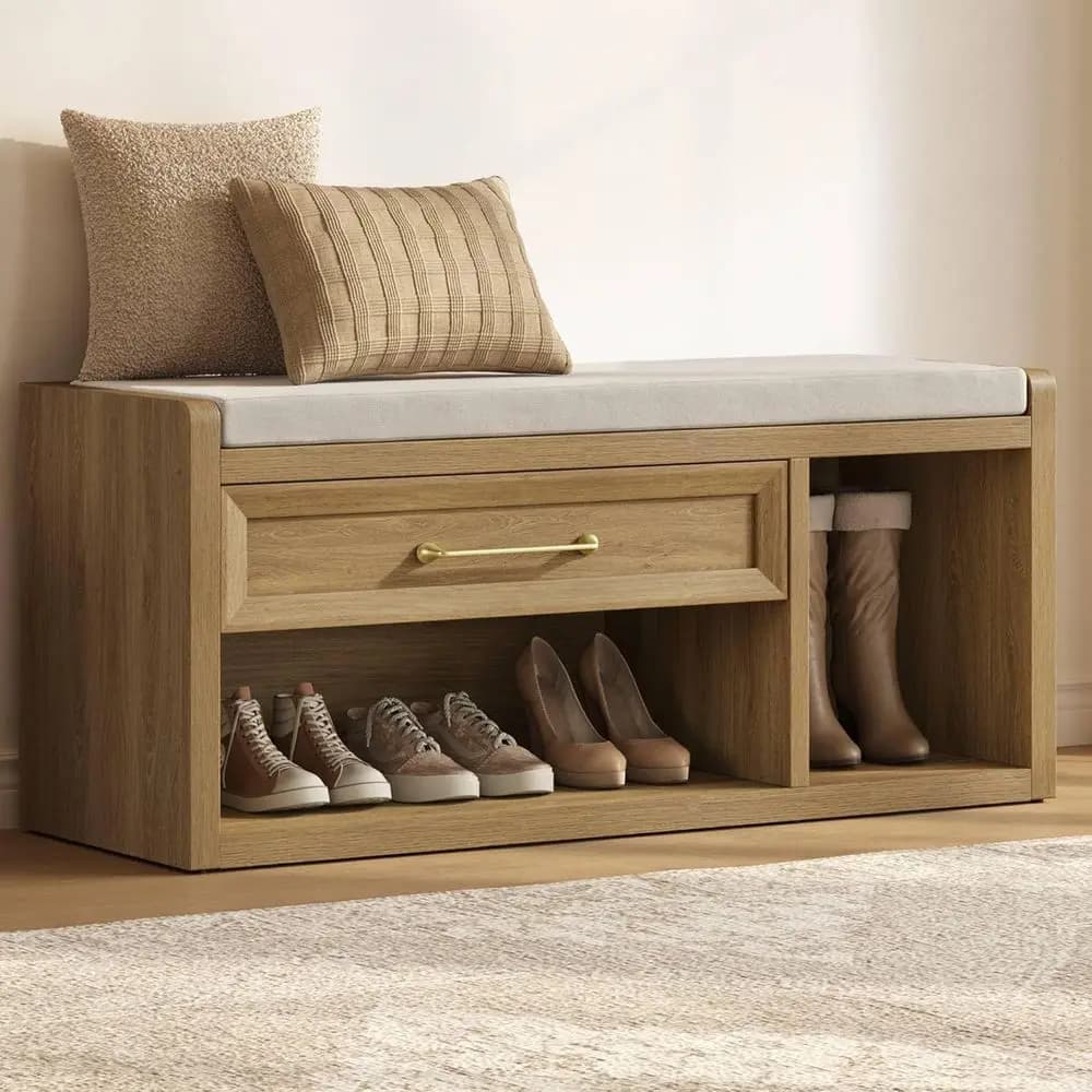 Extra Wide Entryway Bench with Cushion, Storage for Boots, Comfort Height, Brown Oak