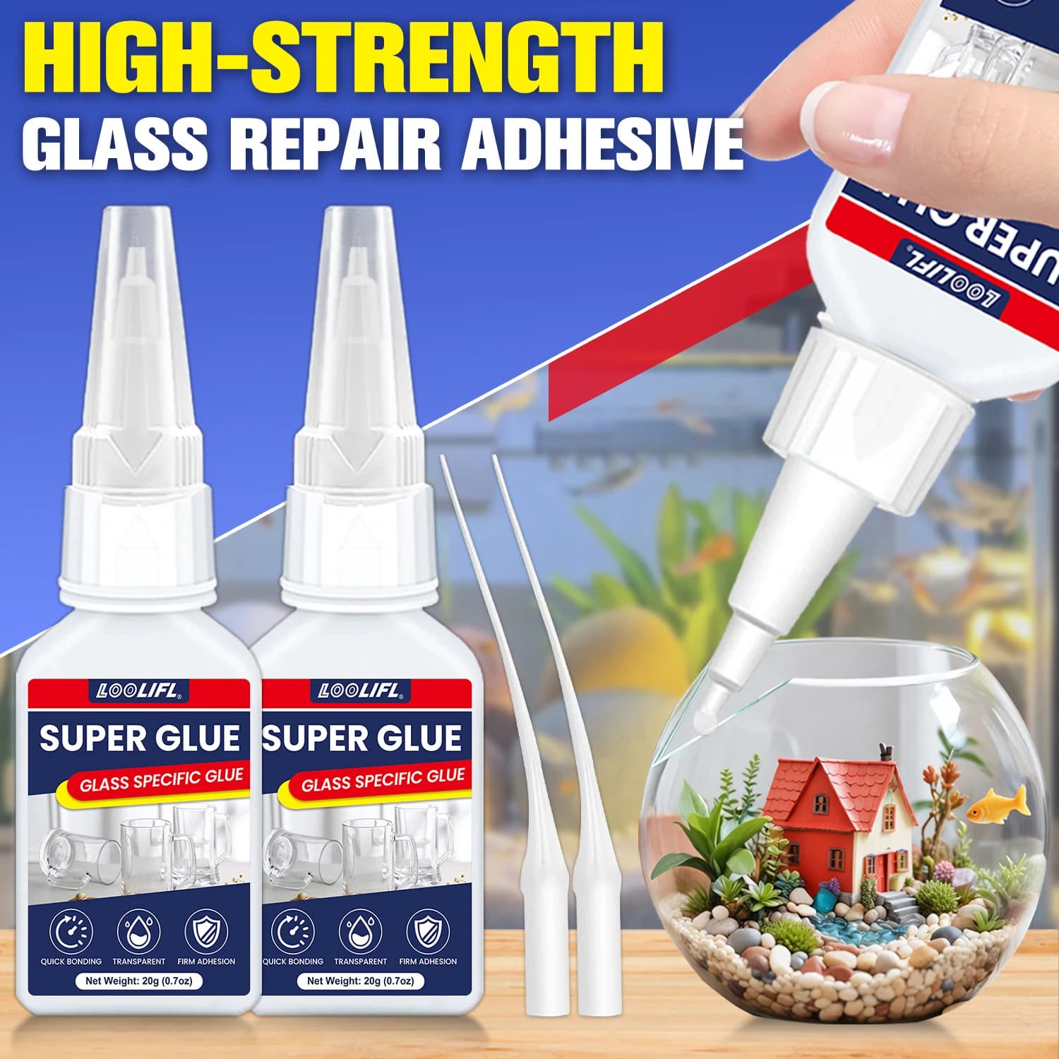 Colla Super Forte per Vetro, Adesivo Cianoacrilato Trasparente, Asciugatura Rapida, Forte Adesione, Impermeabile per Riparazioni di Vetro, Ceramica e Metallo, 20g