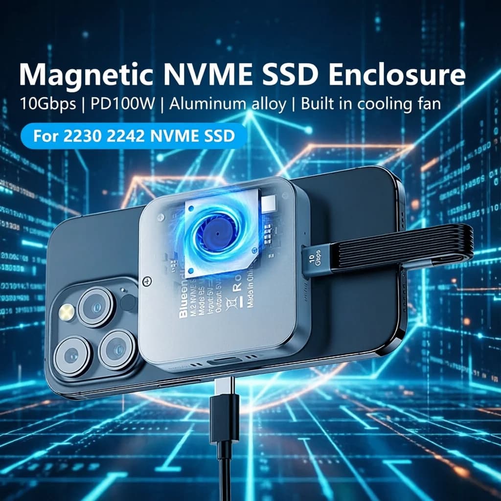 Case SSD NVMe Magnetico M.2 2230 2242 con Ventola, Box Esterno USB-C 100W PD per iPhone 15 Pro Max MacBook Air