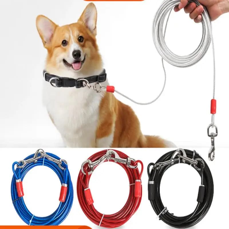 Cavo per legare per cani resistente Guinzaglio doppio per cani che cammina e addestramento Filo di ferro Puntali durevoli a prova di masticazione per cani di taglia grande all'aperto