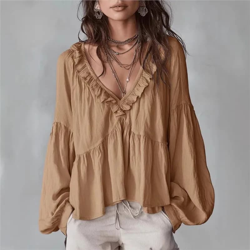 Women's Vintage Shirts Boho Casual with Fungus Heel, Smurf Sleeves, Plyssettes, V Neckline Neckline, Long Sleeves, Tops and Women's Shirts