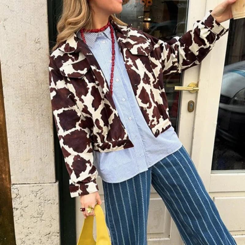 Giacca corta stampata a maniche lunghe allentata casual versatile con risvolto alla moda 2025 Primavera Nuovi abiti da donna europei e americani