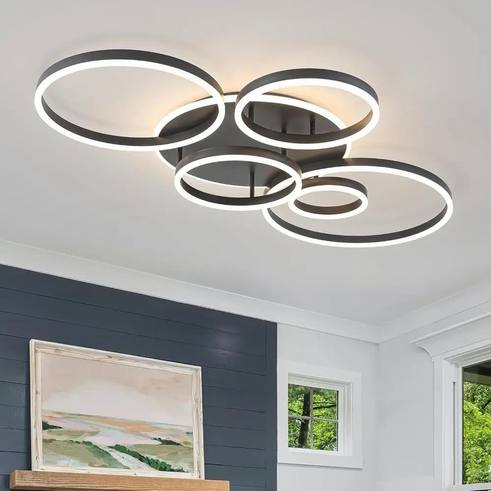 Lampadario a soffitto nero Lush Mount, dimmerabile, per sala da pranzo, rotondo a 6 anelli, con LED e telecomando, kit da 47 pollici