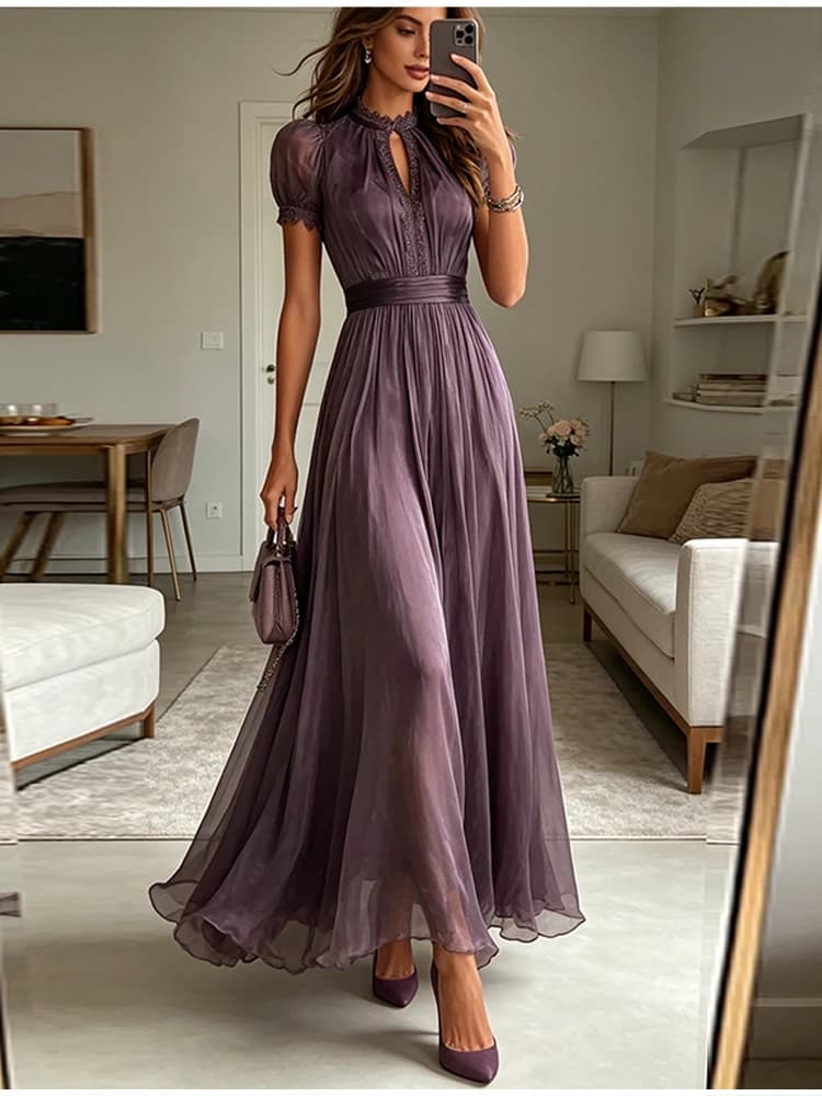 Abito da donna sexy di lusso patchwork con bordo in pizzo, scollo a V, in rete, lungo, tinta unita, linea ad A, vita sottile, Vestidos 2026, Nuovi abiti da donna