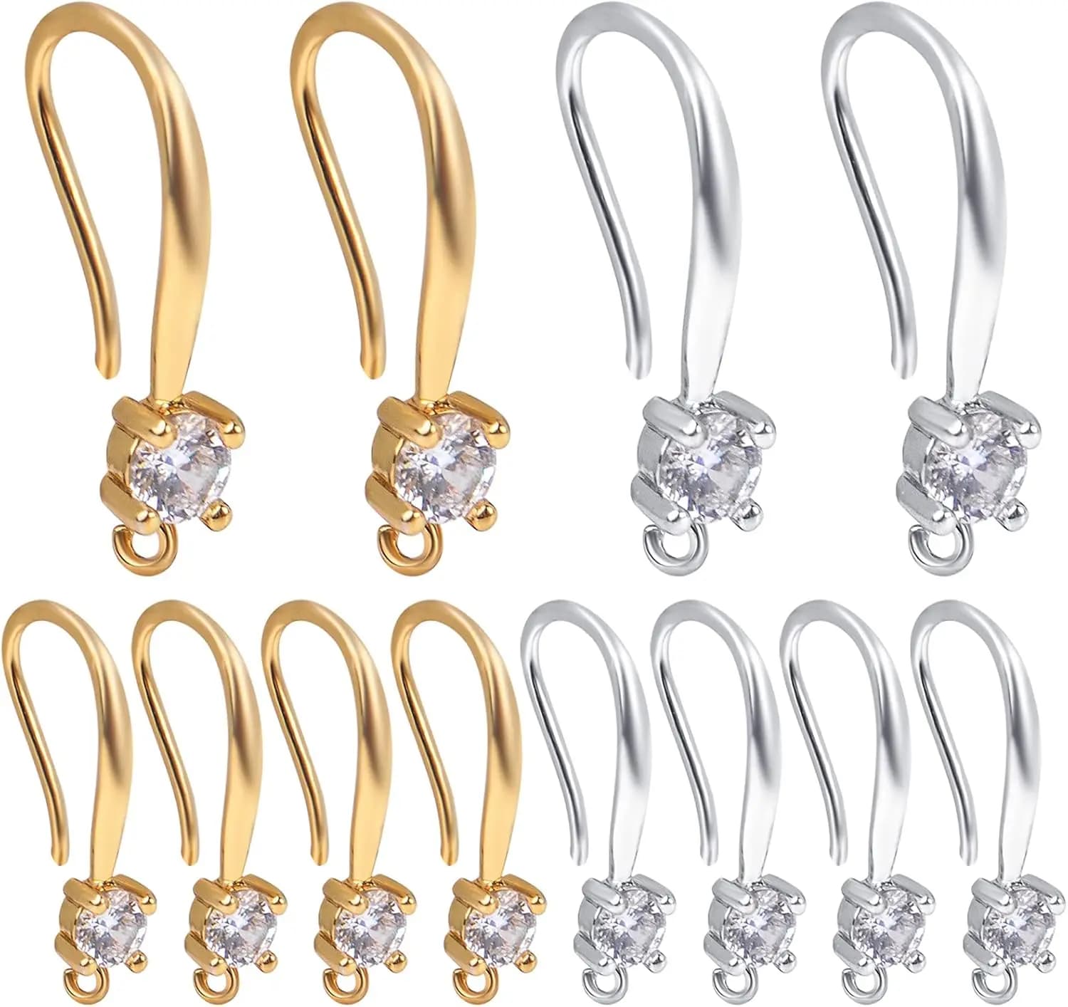 12 pieces of earrings hooks with cubic zircons, ear threads with hanging rings, diy earring connectors