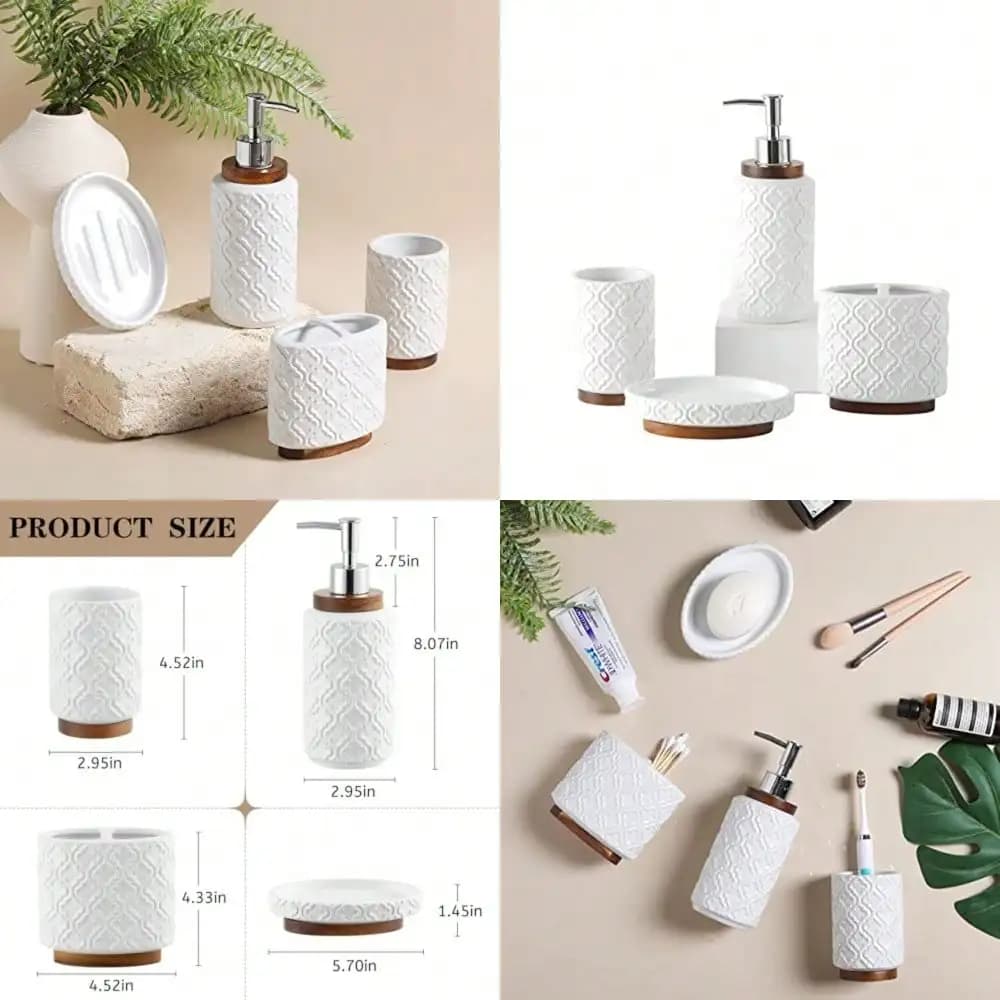 Set di accessori da bagno in ceramica e legno, 4 pezzi, dispenser per sapone, portaspazzolino, portasapone, facile da pulire, Quatrefoil