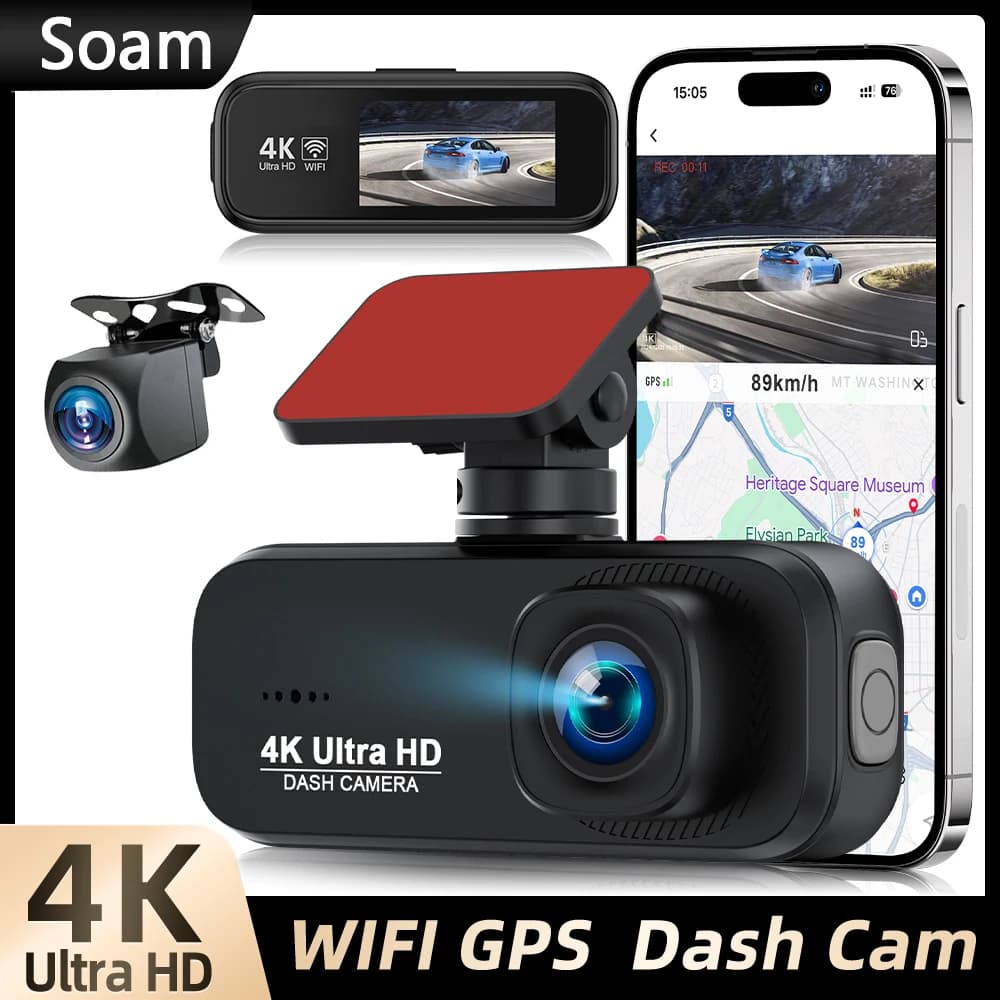 Soam Dash Cam front and rear 4K/1080P, built-in WiFi car dashboard camera, 24-hour parking mode, night vision, WDR, 170 ° , G-Sensor, App