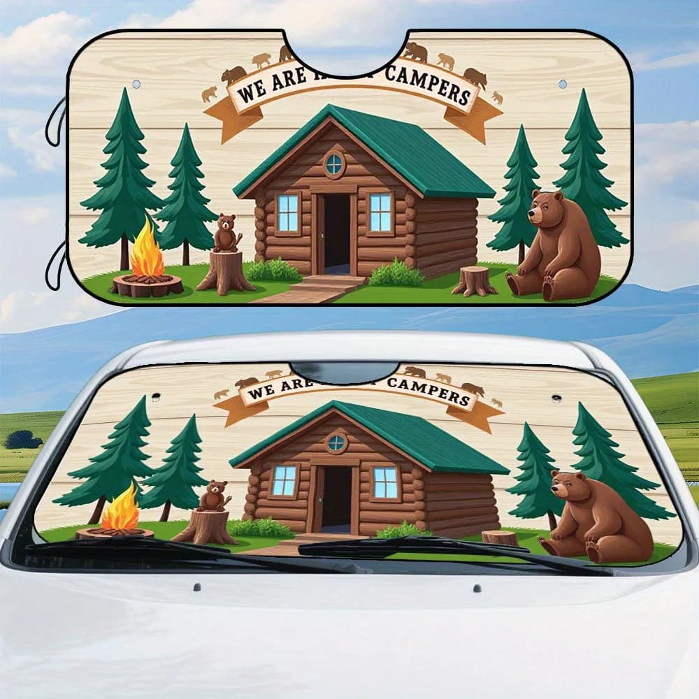 1 pezzo, parasole universale per parabrezza in poliestere con design forestale Happy Campers Cabin Bears, facile da piegare e conservare, mantiene la tua Veh
