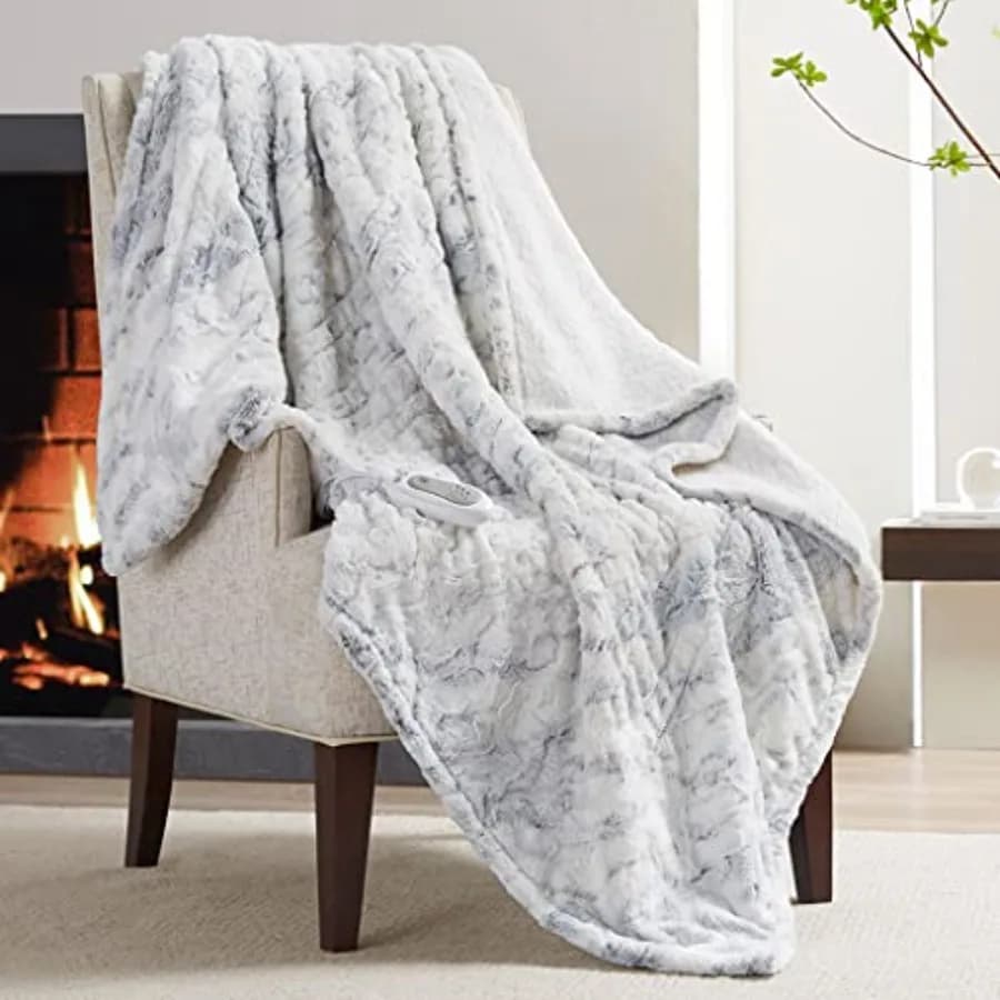 Coperta Elettrica in Finta Pelliccia Morbida Codi con Retro in Sherpa Soffice, Bianco/Marmo Ardesia 60x70, Coperte Leggere e Riscaldanti